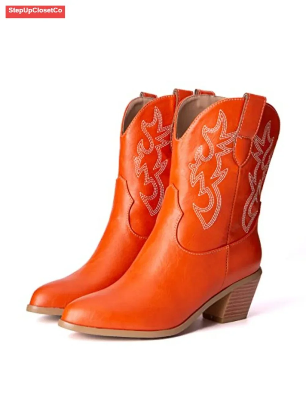 Embroidered Pointed Toe Cowboy Ankle Boots with Mid Heel - Picture 5 of 6